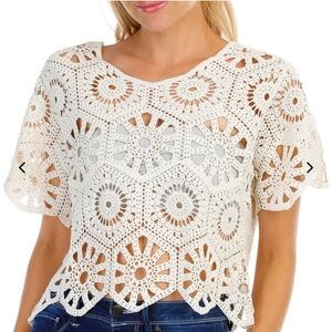 S🌻Rebellion Boho Cotagecore Cream Croshet Cropped Top Blouse